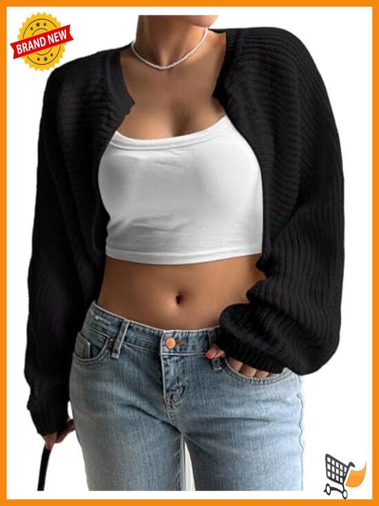 Sweaters - Plus Size Bolero Shrug Sweater Long Sleeve Rib Knit Cropped Open Front Cardigan